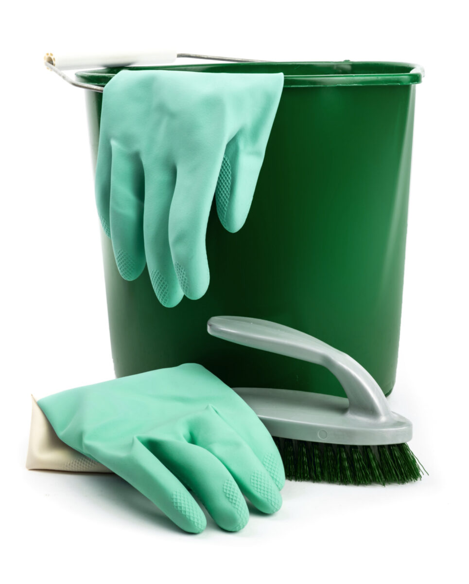 green bucket and gloves