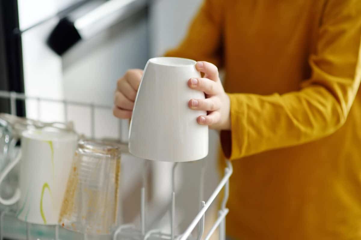 child loading the dishwasher