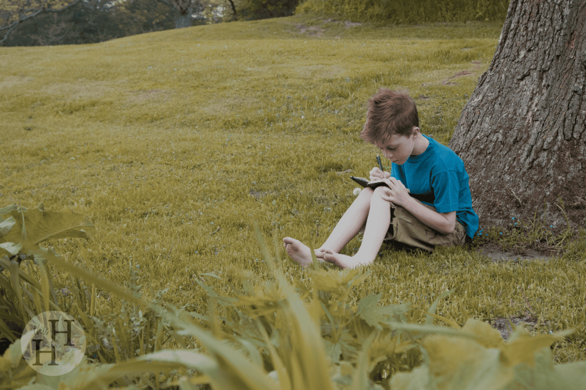 young boy nature journaling